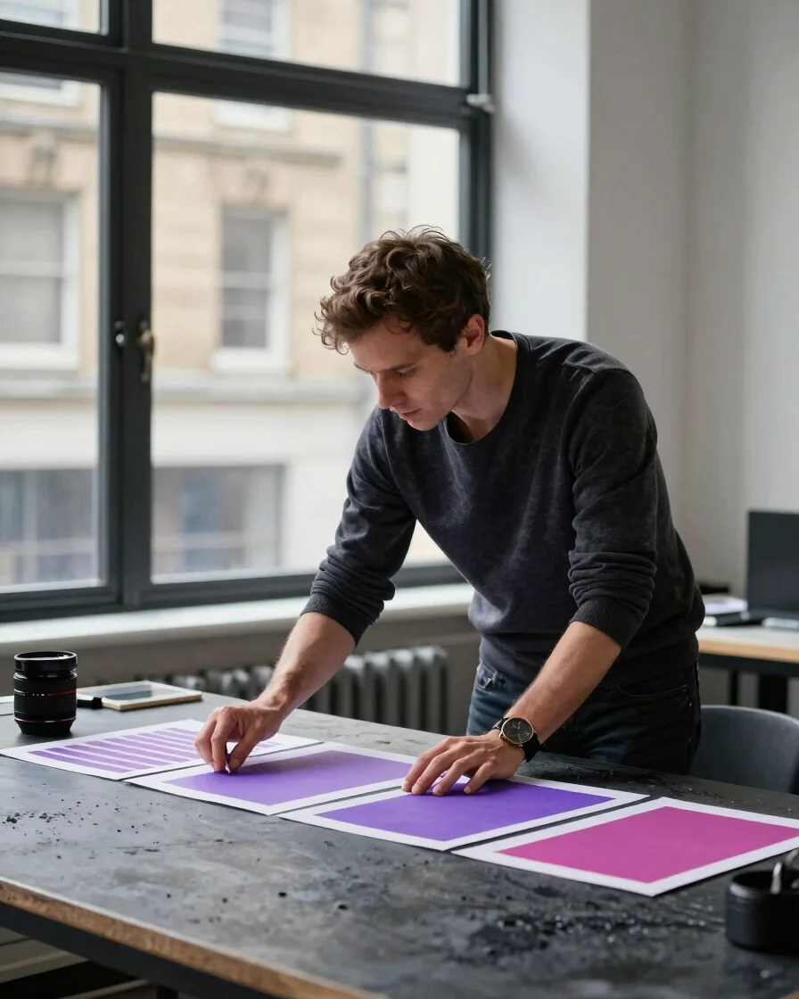 Editorial studio portrait of a creative director reviewing printe